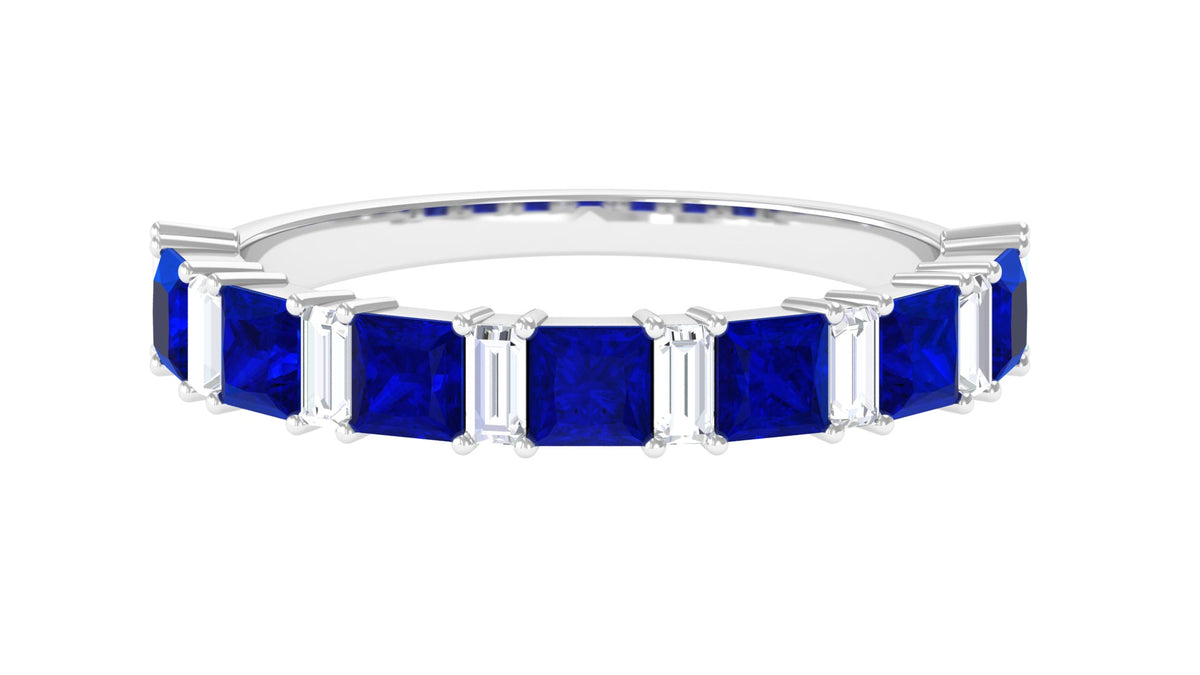 14K White Gold Princess Cut Blue Sapphire Half Eternity Ring with Diamond X8399