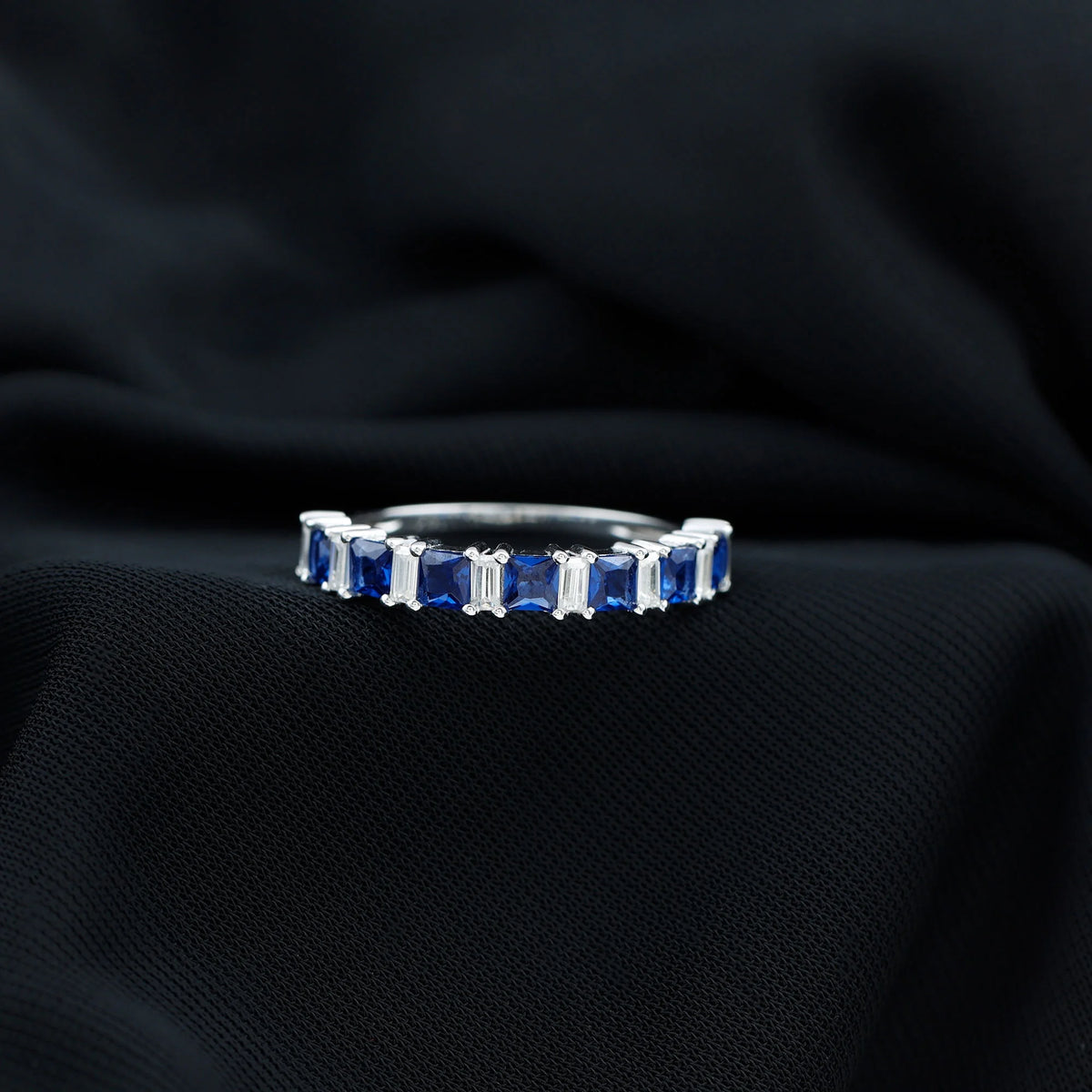 14K White Gold Princess Cut Blue Sapphire Half Eternity Ring with Diamond X8399