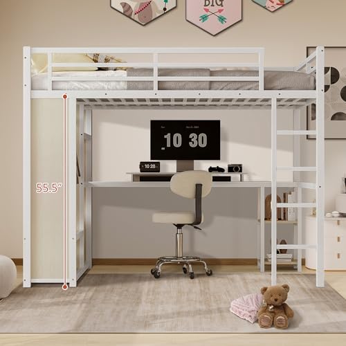 Queen Heavy Duty Metal Loft Bed with L-Shaped Desk, Wardrobe & 5 Storage Shelves O9761