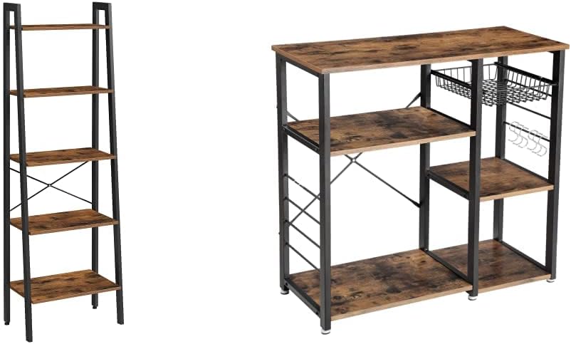 Rustic Dark Brown 5-Tier Ladder Shelf with Metal Frame L5067