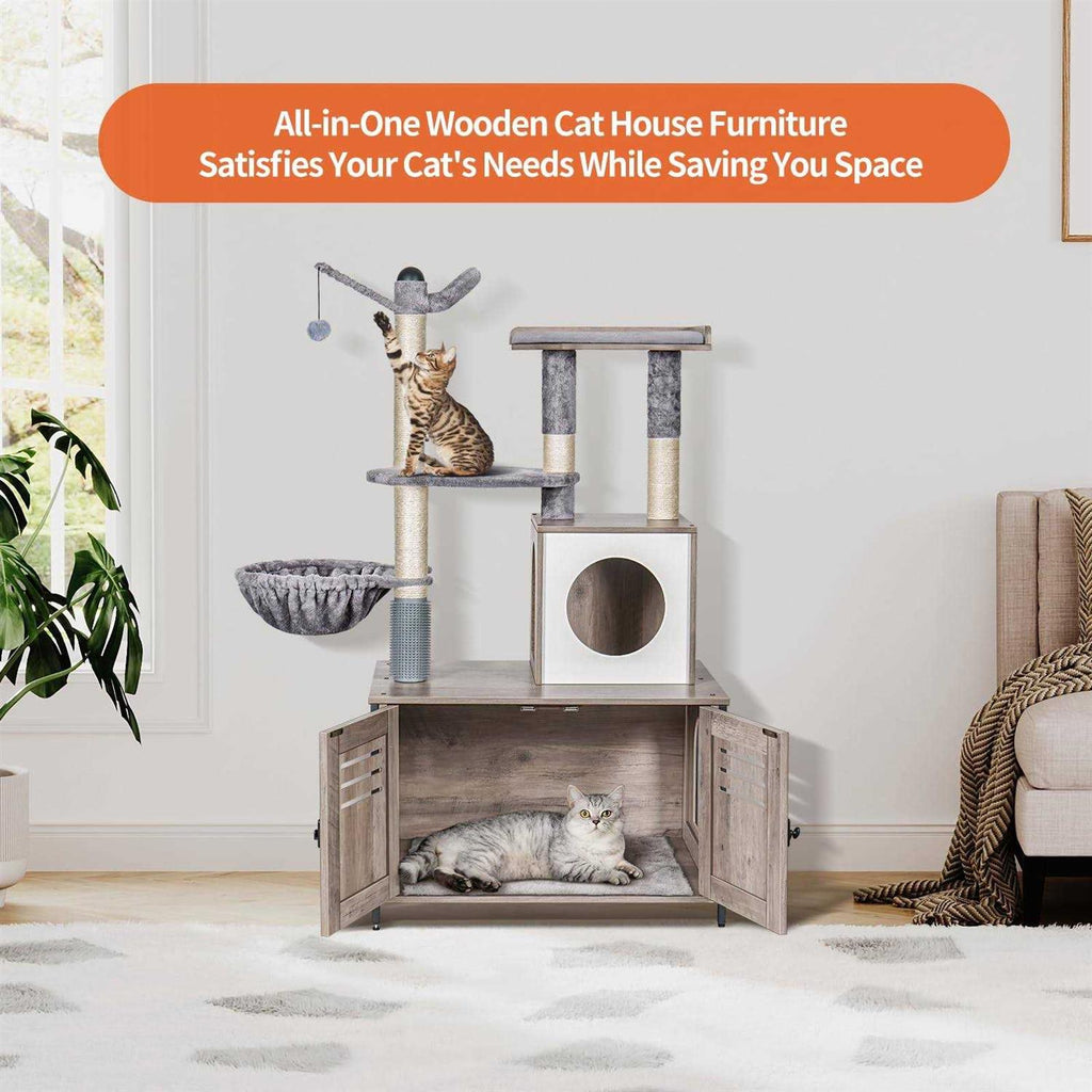 Wooden Cat Litter Box Enclosure with Cat Tree R10256