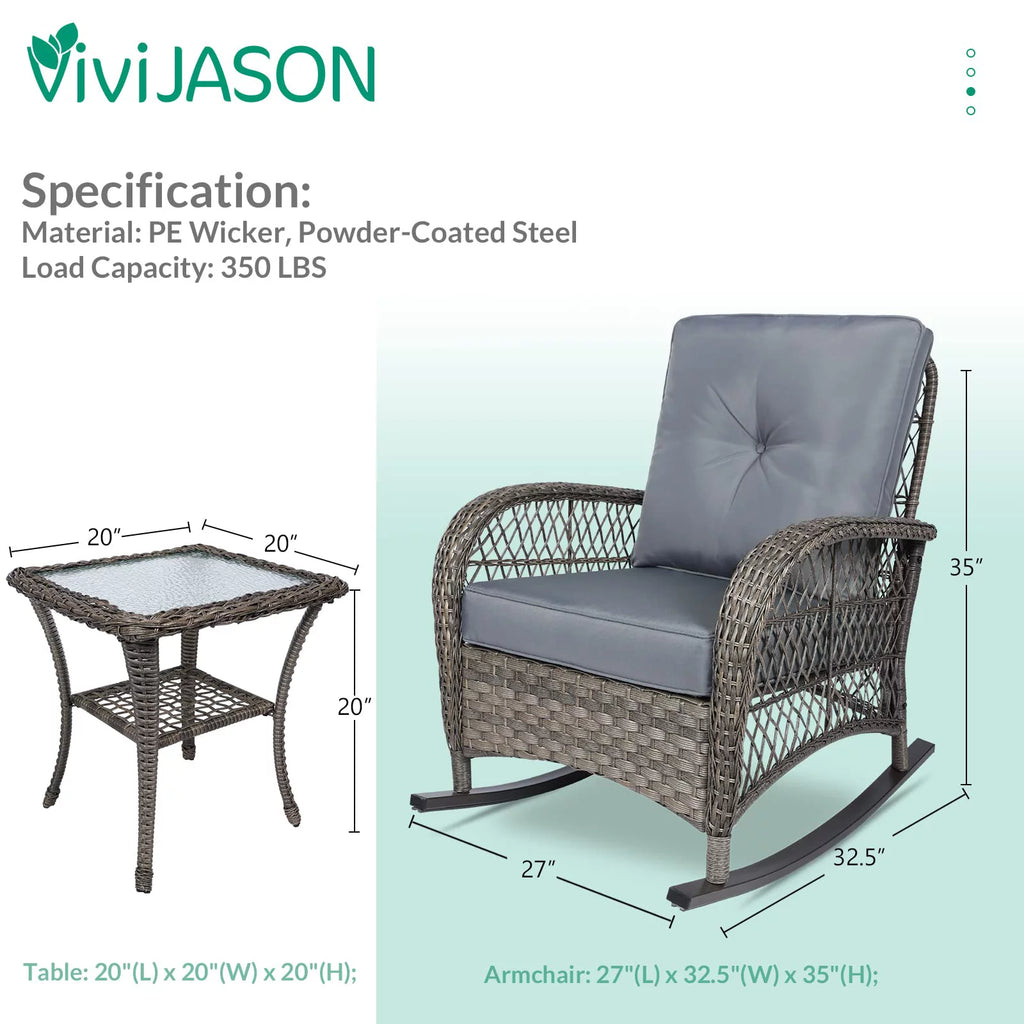 3-Piece Outdoor Wicker Rocking Bistro Set with Glass Top Side Table R12392