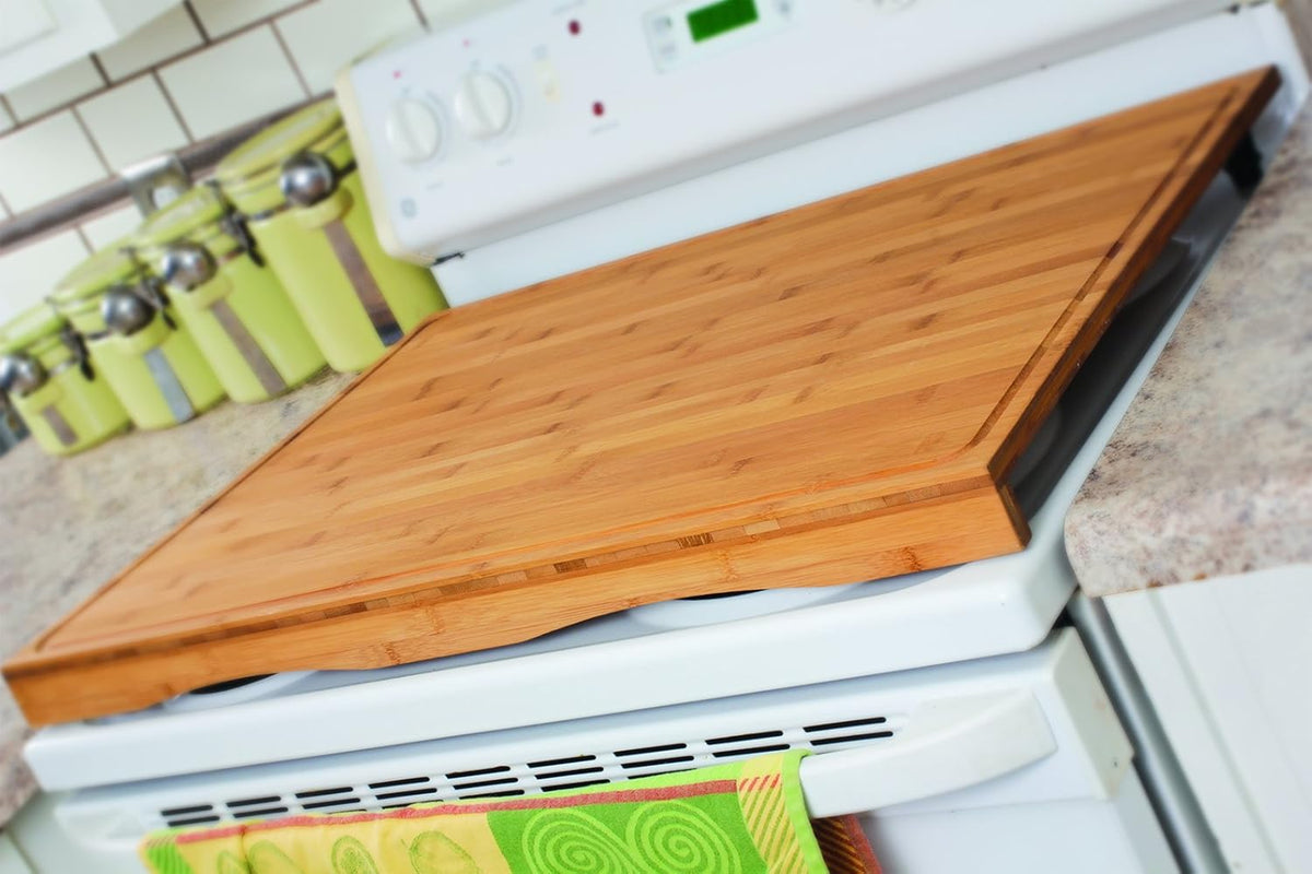 Bamboo Stove Top Work Surface with Adjustable Legs & Built In Juice Groove, 4 Burner, Brown Y8049
