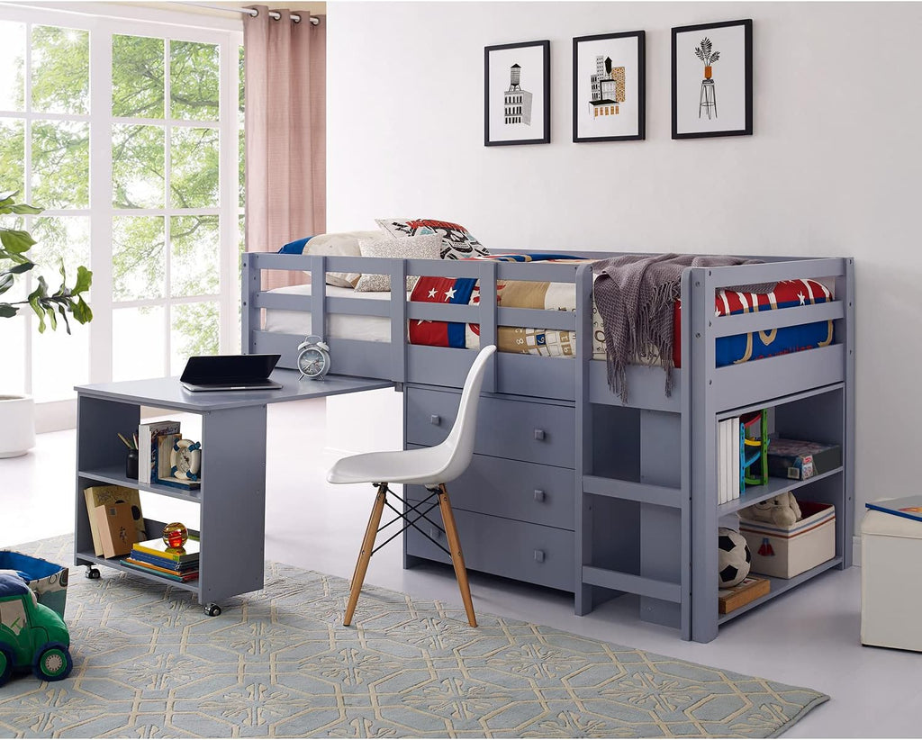 Twin Espresso Low Loft Bunk Bed with Ladder and Storage Desk Shelf Bookcase N49059