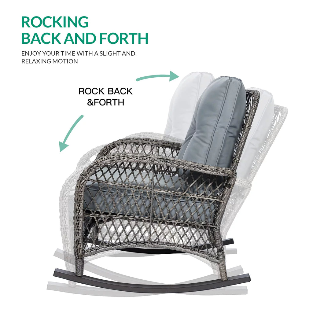 3-Piece Outdoor Wicker Rocking Bistro Set with Glass Top Side Table R12392